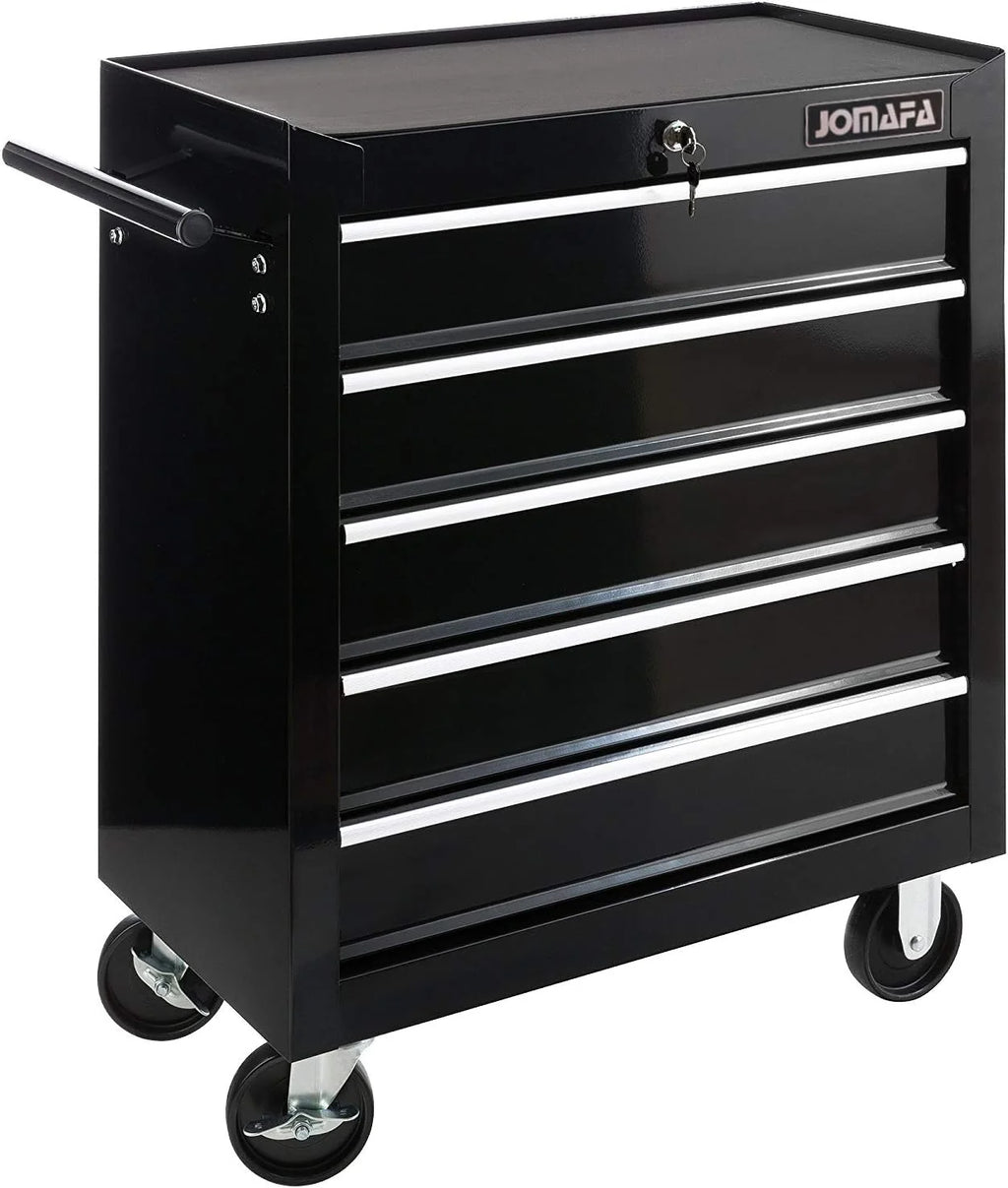 JOMAFA Carro de Taller Caja de Herramientas | 5 cajones | Cerradura por Llave | 4 Ruedas | 2 Ruedas con Freno de Bloqueo | Alfombrillas Antideslizantes