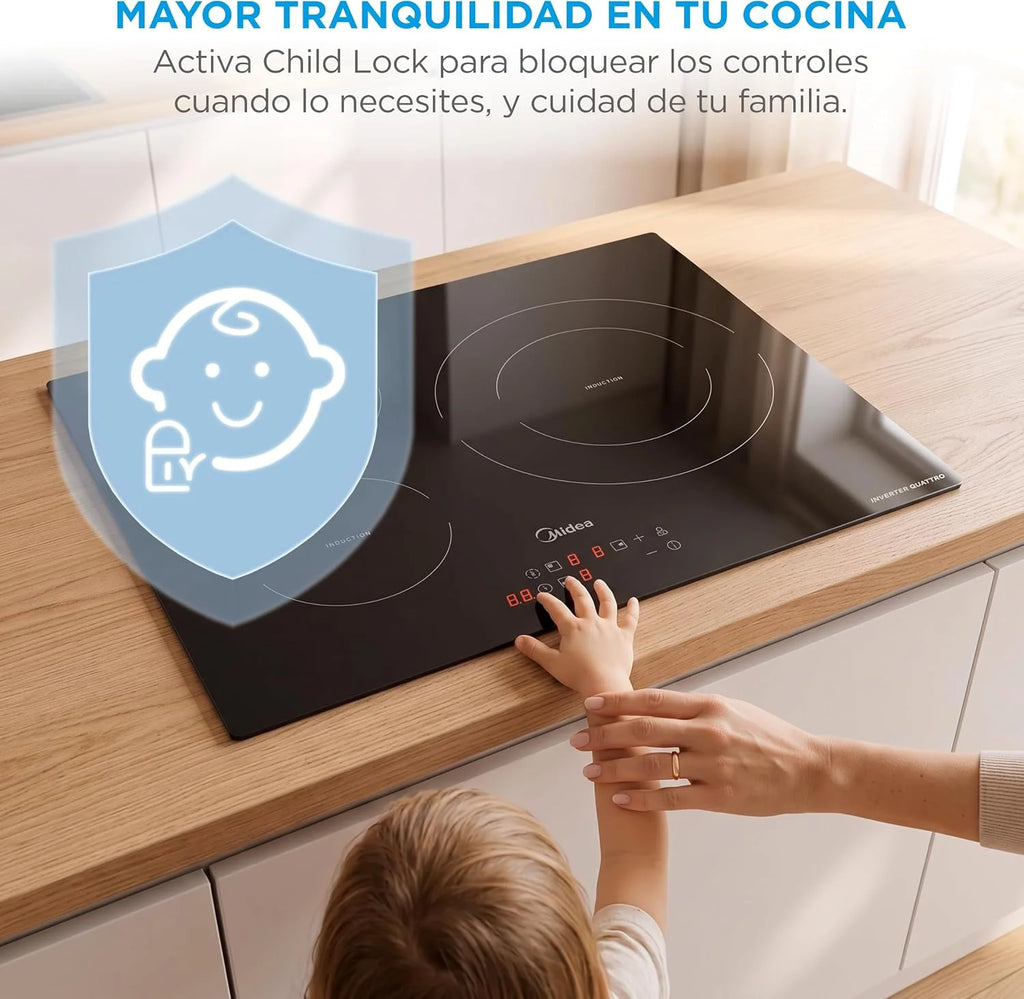 MIDEA Placa Inducción 3 fuegos 60 cm 7200 W - Vitroceramica Induccion Integrada con Panel de control tactil, Inverter quattro, 9 Niveles de Potencia, Booster, Indicador de Luz, y Temporizador.