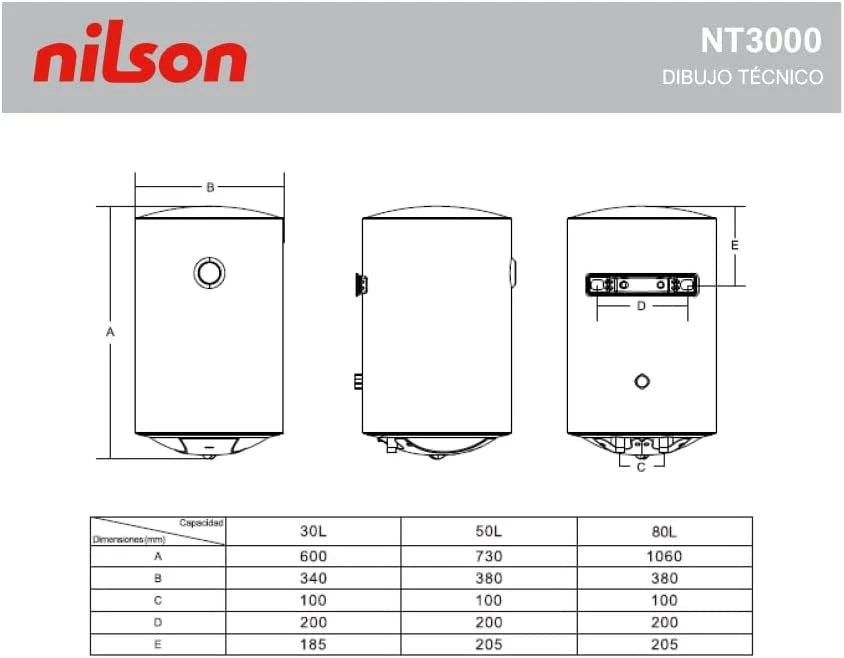 Nilson Electric Thermo Vertical 50 Litres NT5000. Vertical Installation, 1500W, Includes Mounting Kit, Stainless Steel Resistor, White, Energy Efficiency Class C