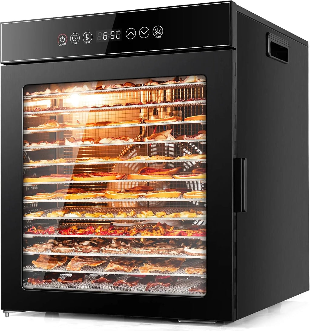 Kwasyo Deshidratador de Alimentos de 12 Bandejas de Acero Inoxidable, Todo en Negro, Estructura de Doble Capa, Gran Capacidad, Deshidratador para Frutas, Pescado, Verduras, Carne, Jerky, Hierbas