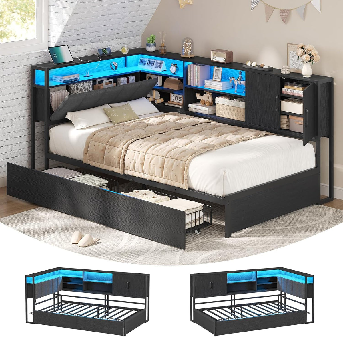 KIMENICH Upholstered Bed Sofa Bed 90 x 190 cm with LED Lighting, Charging Station, Youth Beds with 2 Drawers and Metal Slatted Base, Headboard with Storage, Open Shelves, Black