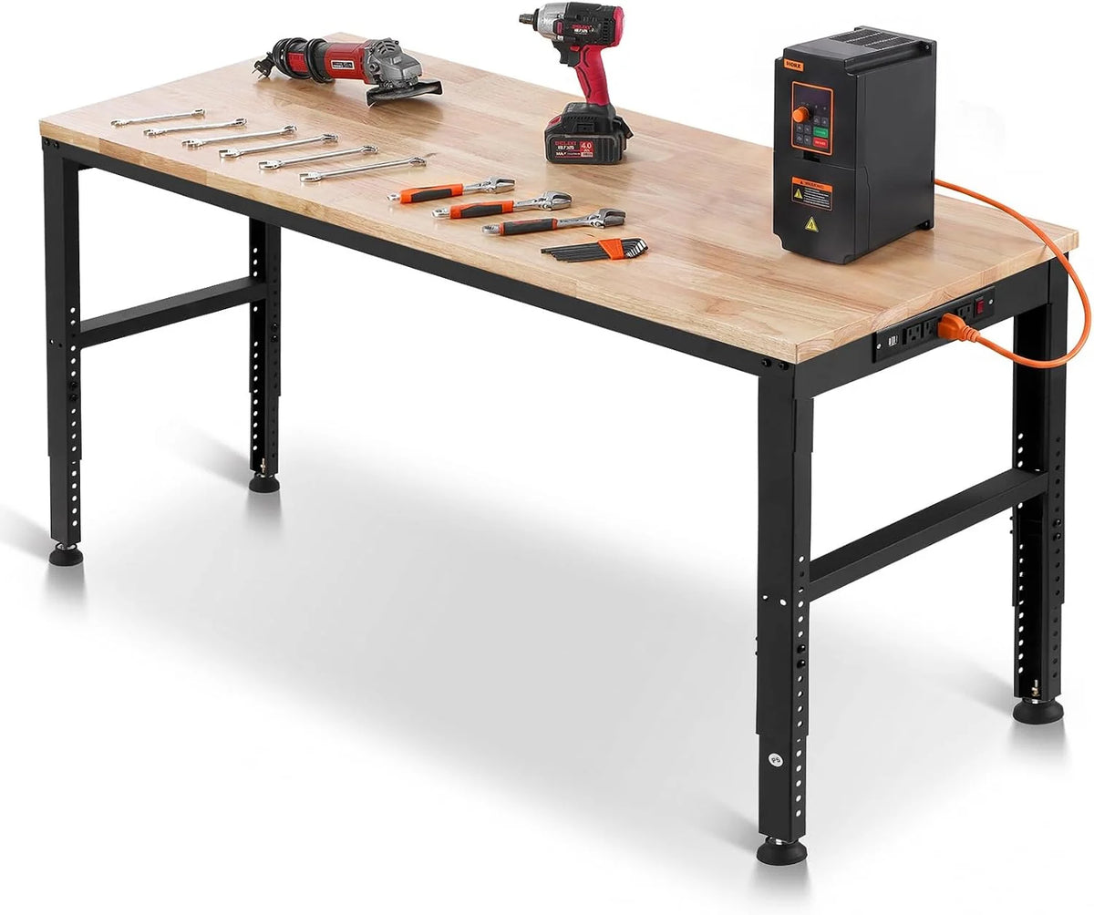 VEVOR Banco de Trabajo Ajustable Mesa de Trabajo de Garaje 1550x510 mm Alturas 688-910 mm Carga de 900 kg con Tomas de Corriente Estructura de Metal y Almohadillas para los Pies, para Taller