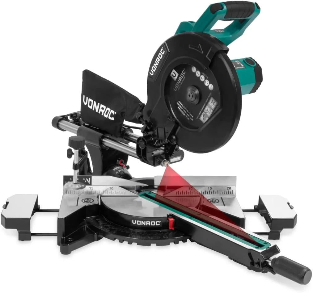 VONROC Sierra ingletadora - PRO - 2200W - 255mm - Multi-material - Con láser, luz LED y hoja de sierra de 48T