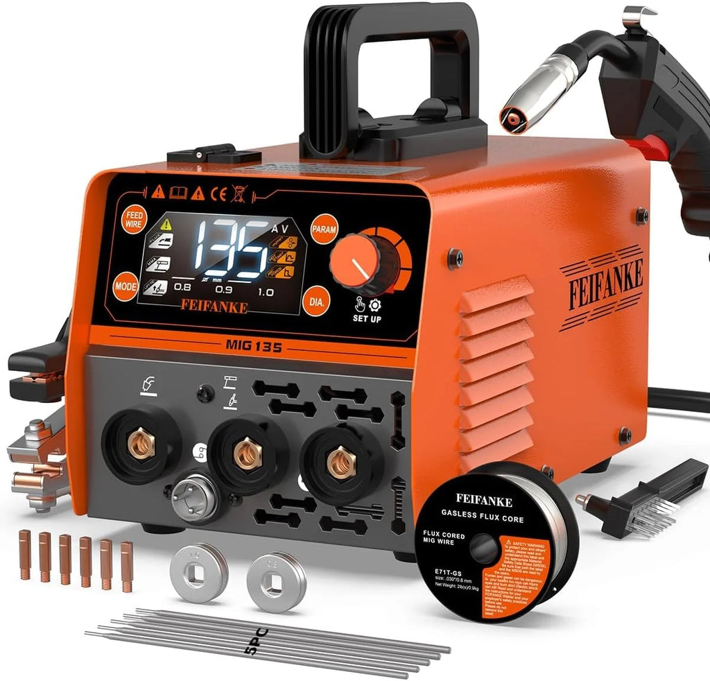 FEIFANKE MIG135 Soldador De Hilo Sin Gas 135A 230V Soldador Inverter Mini SinéRgico 3 en 1 Electrodo MIG TIG Maquina De Soldar AlimentacióN RáPida De Hilo Compatible con Hilo De Soldadura E308LFC-O