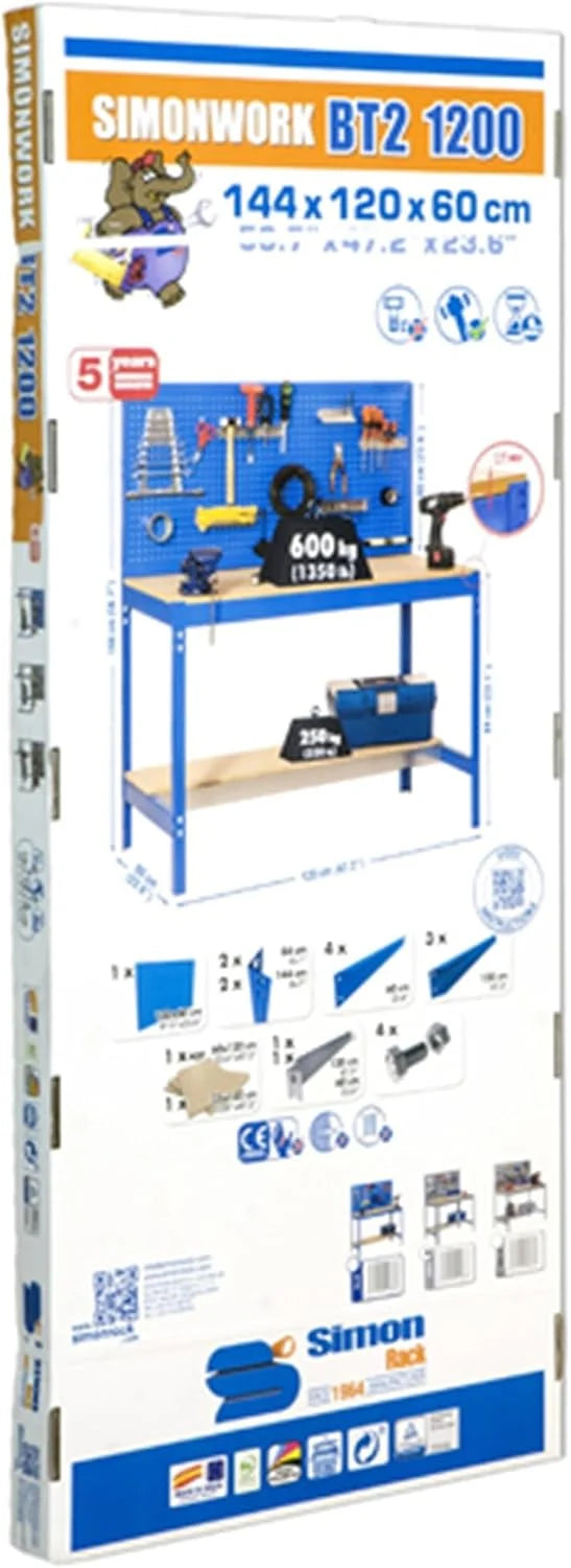 Simon Rack Banco de Trabajo Taller, Capacidad Carga 400 kg, 1445x910x610 mm, Mesa de Trabajo, Antracita/Madera - BT2