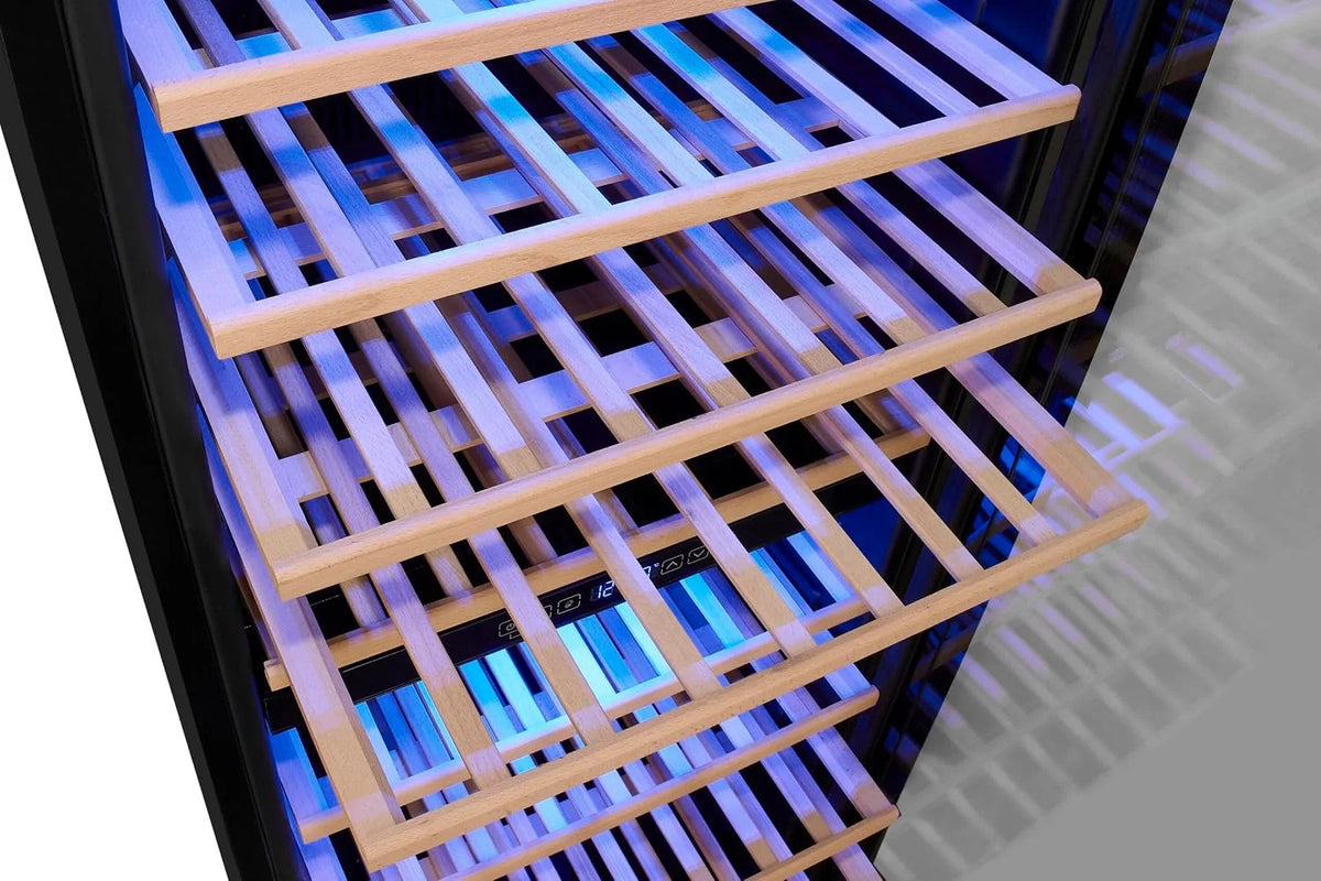 Exquisit® Vinoteca para 114 Botellas, 220L, Negro, Clase G, Dos Zonas de Temperatura 5-20°C, Control Digital LCD, Puerta de Cristal Reversible, Medidas (129,0 x 55,2 x 57,5 cm)