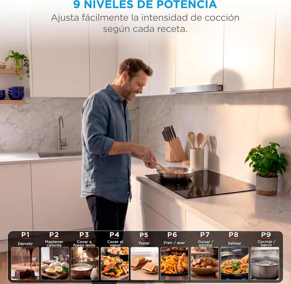 MIDEA Placa Inducción 3 fuegos 60 cm 7200 W - Vitroceramica Induccion Integrada con Panel de control tactil, Inverter quattro, 9 Niveles de Potencia, Booster, Indicador de Luz, y Temporizador.