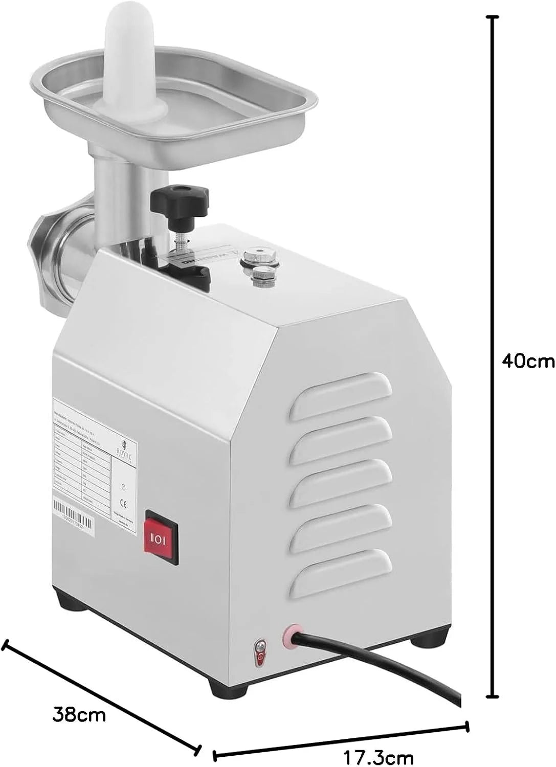 Royal Catering RCFW 70-600ECO Picadora de Carne Eléctrica Profesional (70 kg/h, 600 W, Marcha Retrógrada, Orificios de 5/7 mm, Acero Inoxidable) ECO