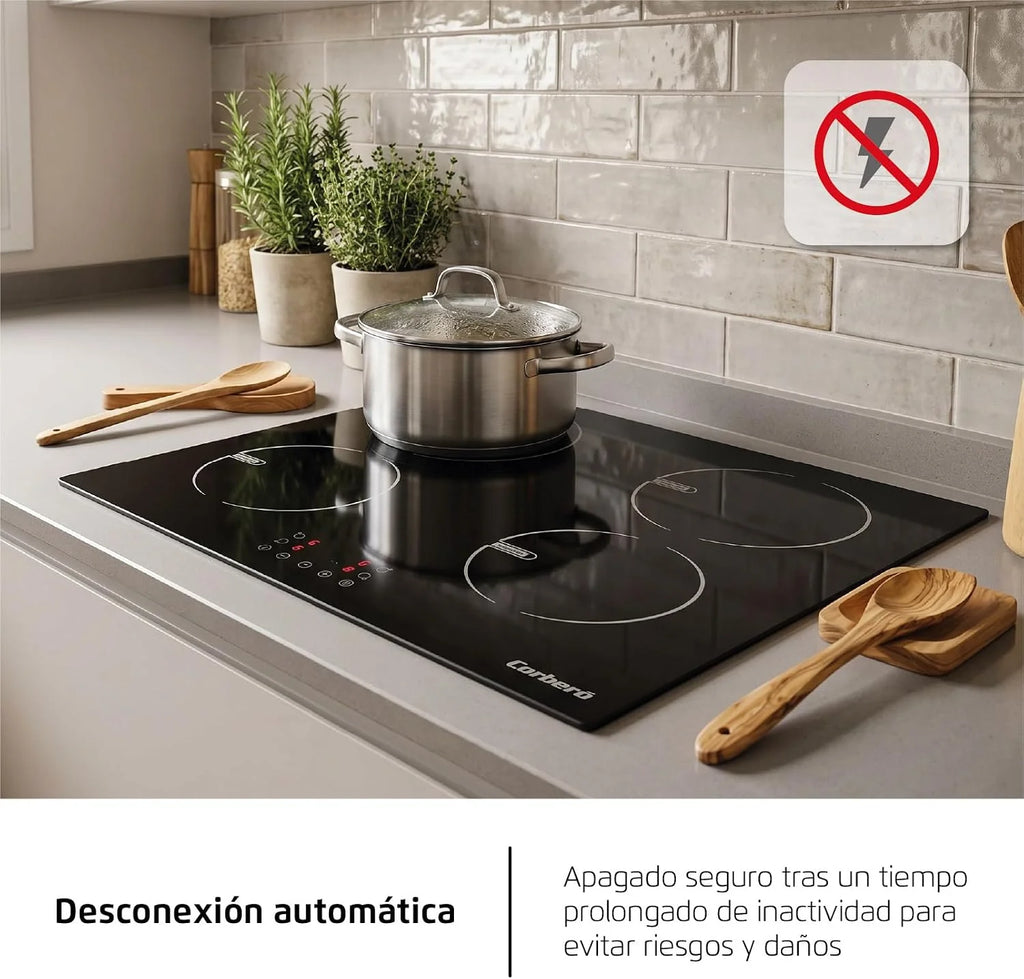 Corberó - Placa de Inducción 60cm | CCIG48BF | 6800 W | 4 Zonas | Control Táctil | Temporizador 99 Min | 9 Niveles Potencia | Booster | Bloqueo Infantil | Negro
