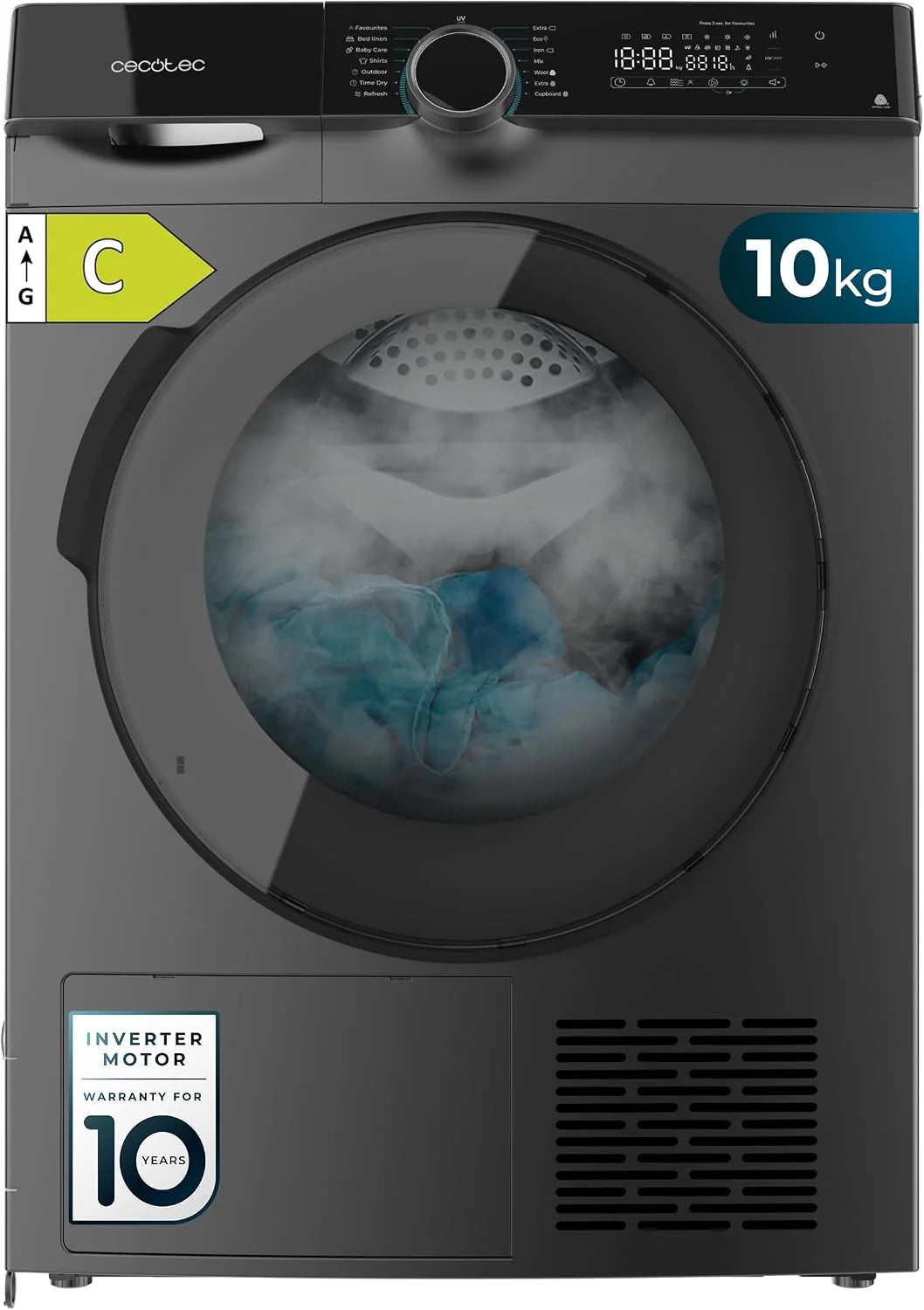Cecotec Secadora de Ropa Bomba de Calor 10kg Bolero Dresscode Dry 10505 Inverter Steel. Clase Equivalente A+++, 14 Programas, Funciones como UV Care, Planchado Fácil, Certificación Woolmark, Inox