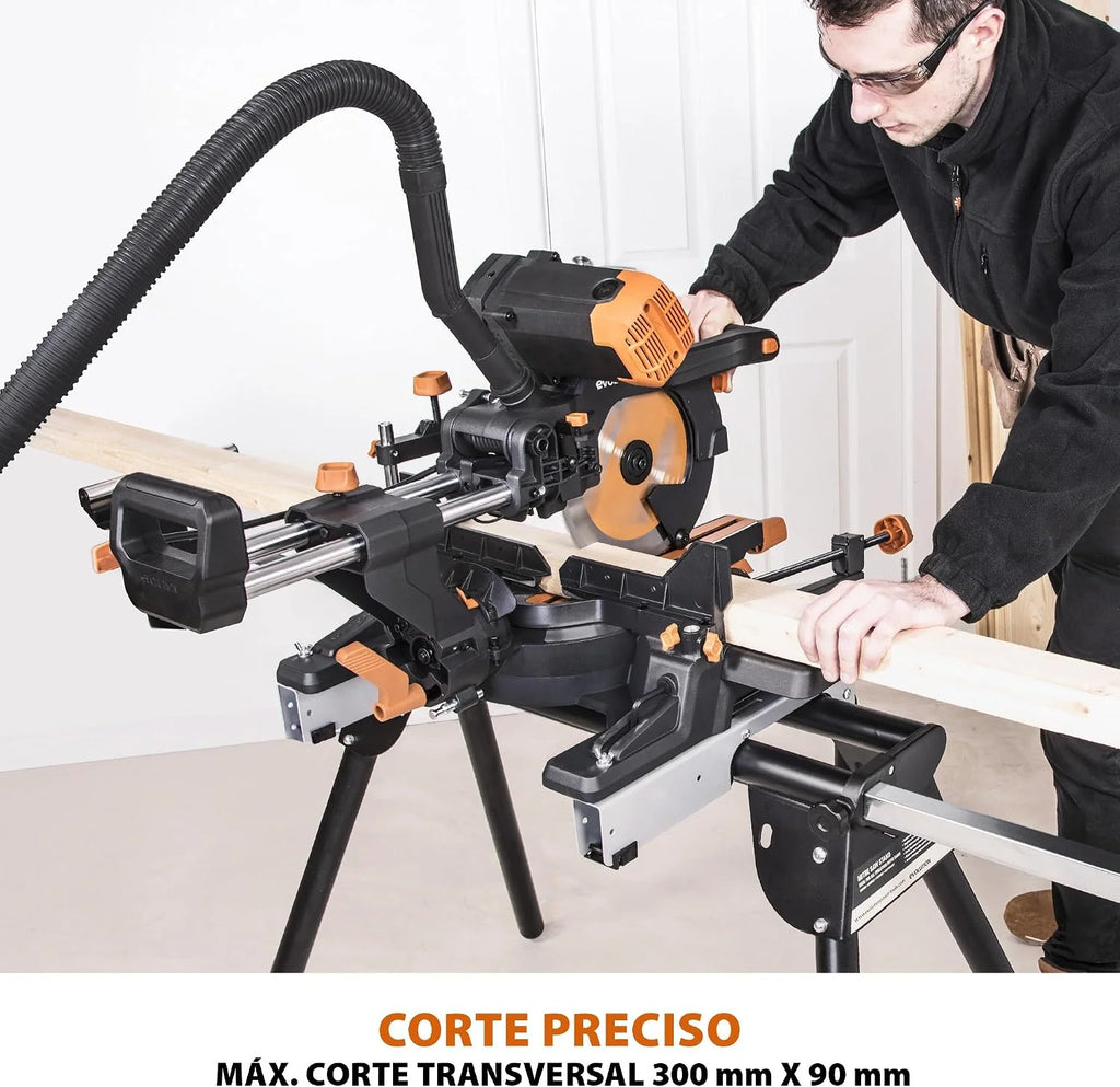 Evolution Power Tools R255SMS-DB ingletadora, Sierra ingletadora deslizante multimaterial de 255 mm, con doble bisel y paquete plus, hasta 300 mm x 90 mm, 5° a izquierda y derecha, inglete de 50°