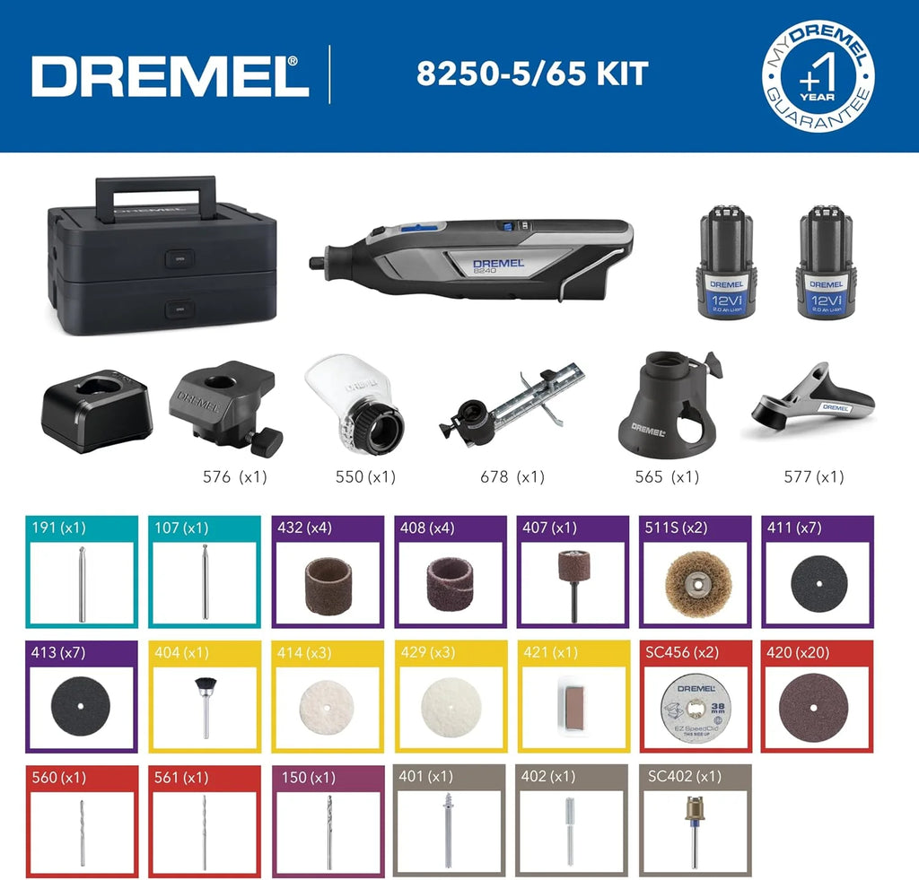 Dremel 8240 Multiherramienta Inalámbrica 12V con Batería de 2Ah, 5 Complementos, 1 Maletín Platinum BOX, 65 Accesorios para Cortar, Grabar, Lijar, Pulir, Afilar y Perforar