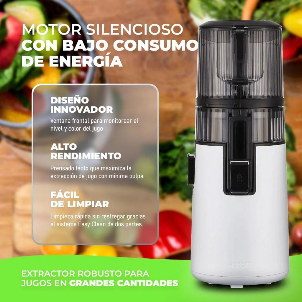 HUROM Extractor de Zumos y Verduras H70 de Alta Capacidad, Licuadora Prensado en Frío con Cámara Easy Clean, Entrada Amplia, Motor Silencioso, Control de Pulpa, Blanco
