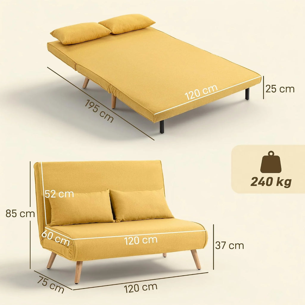 HOMCOM 3 in 1 Folding 2 Seater Sofa Bed Upholstered in Yellow Linen