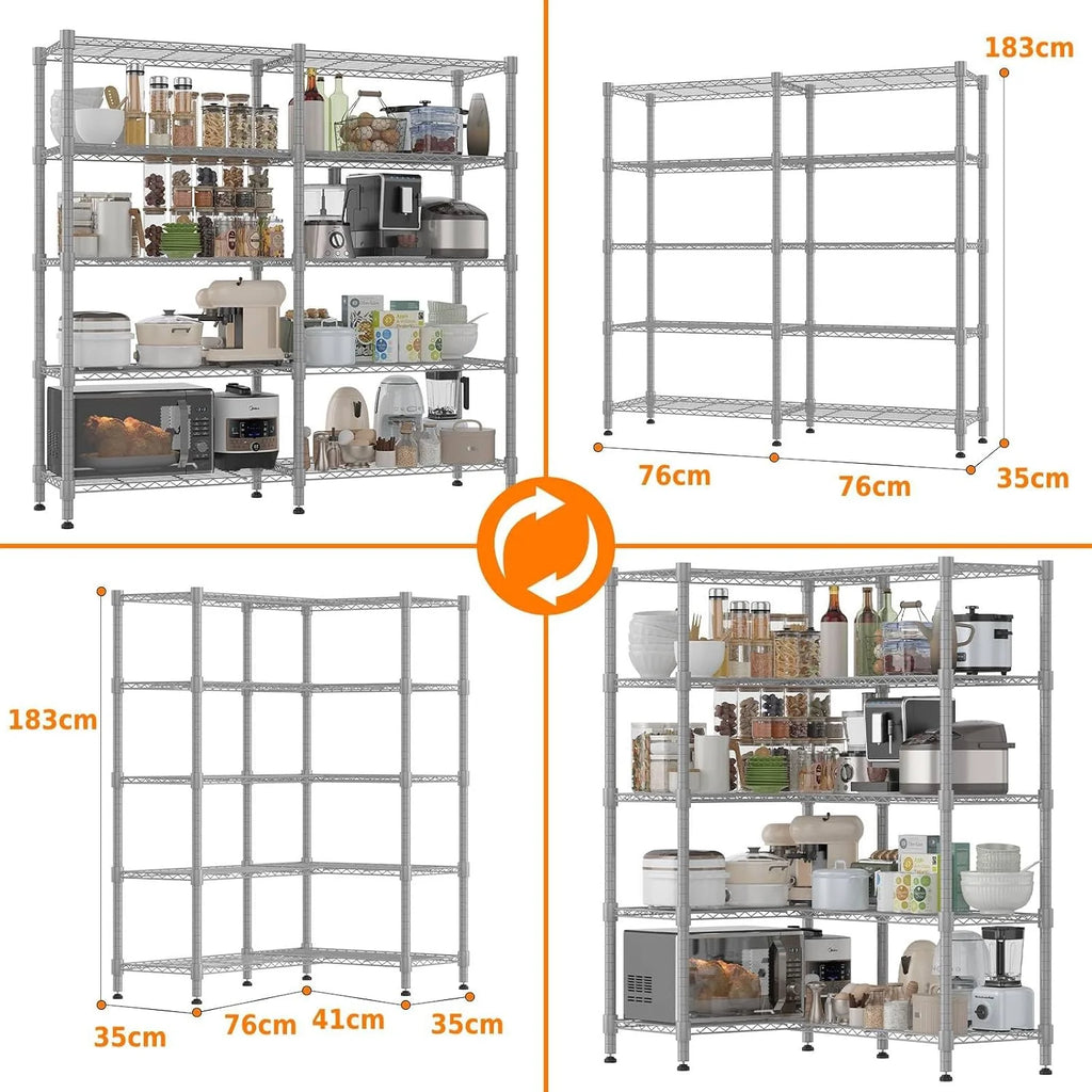 Himimi Estantería metálica de 5 niveles para almacenamiento, Unidad de estanterías de alambre ajustables, Estantes resistentes con pies niveladores, Estantería de almacenamiento 152*35*183cm, Plateado