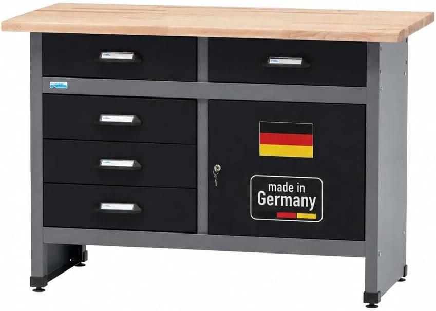 Küpper Banco de Trabajo 12040, 5 cajones, 1 Puerta, Carga de 300 kg, encimera de Haya Maciza de 30 mm (Negro, 120 x 84 x 60 cm)