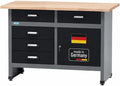 Küpper Banco de Trabajo 12040, 5 cajones, 1 Puerta, Carga de 300 kg, encimera de Haya Maciza de 30 mm (Negro, 120 x 84 x 60 cm)
