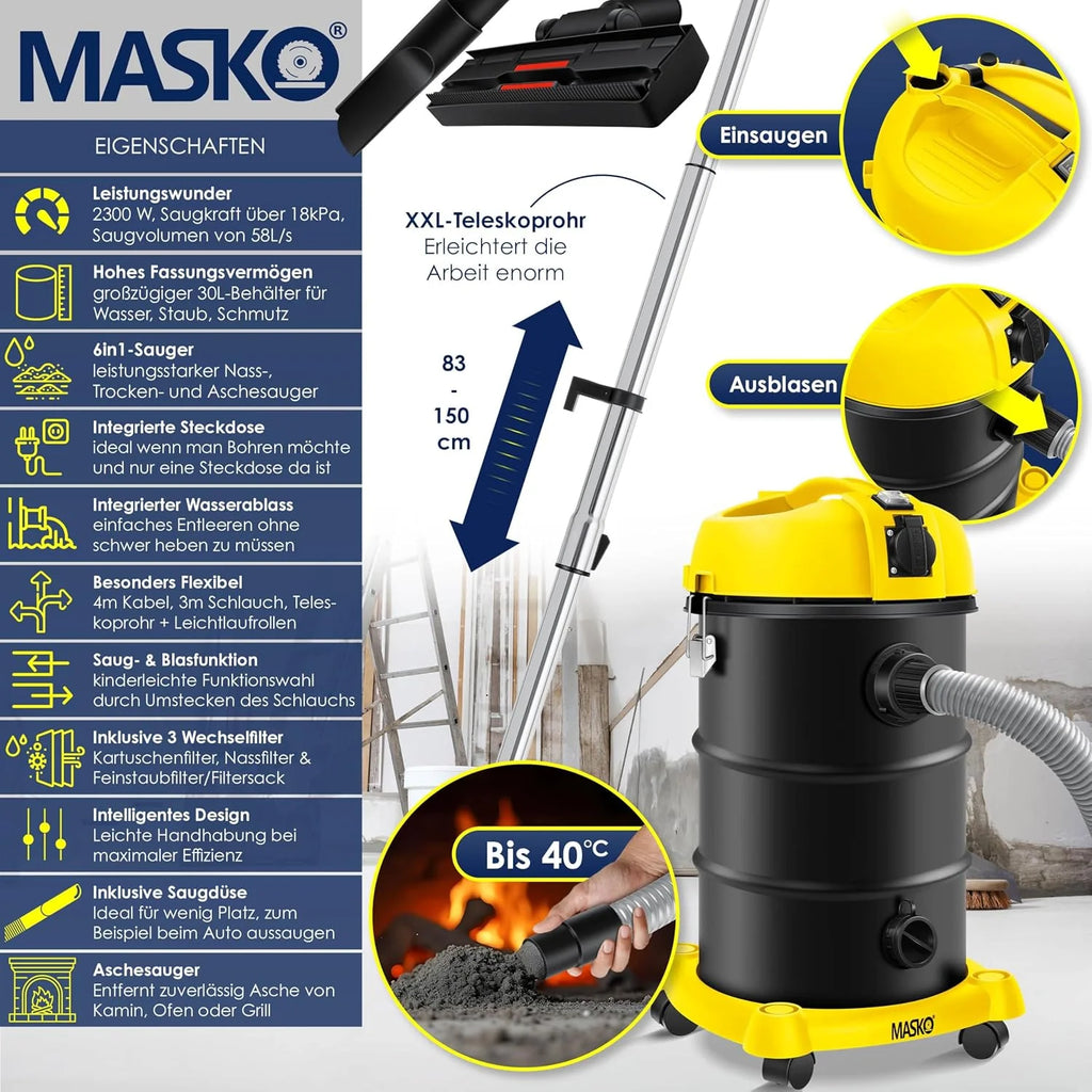 Masko® 6IN1 Aspirador Industrial en seco y húmedo de Cenizas 2300W + Toma de Corriente Función de soplado en seco y húmedo | sin Bolsa (Gelb)
