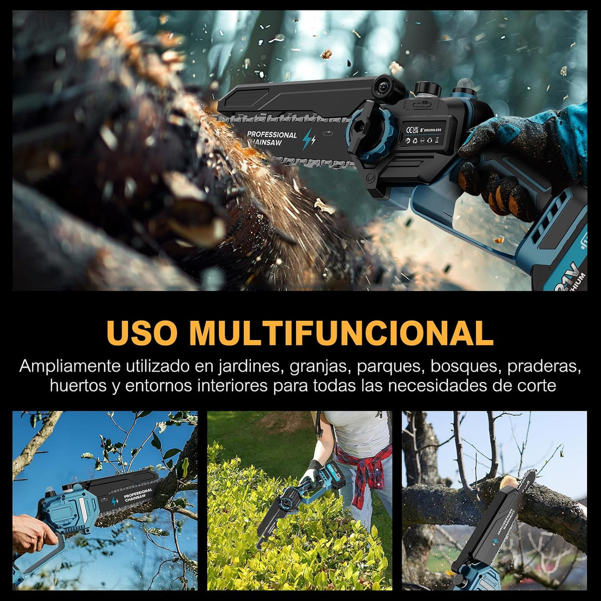 2-en-1 8 Pulgadas Mini Motosierra y Motosierra de Pértiga Inalámbrica con 2 Baterías de 4000mAh, Motosierra sin Escobillas con Telescópicas para Exterior, Extensible hasta 4M