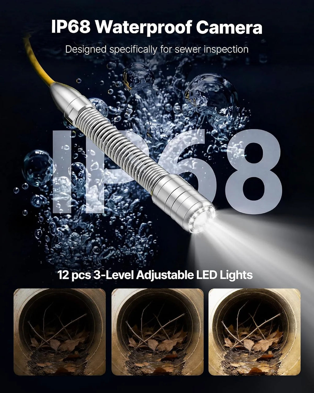 VEVOR Cámara de Inspección de Tuberías 1080P con Cable Semirrígido 20 m, 12 Luces LED de 3 Niveles, Cámara de Inspección Endoscópica, WiFi Inalámbrica, Batería 4500 mAh para Alcantarillado Fontanería