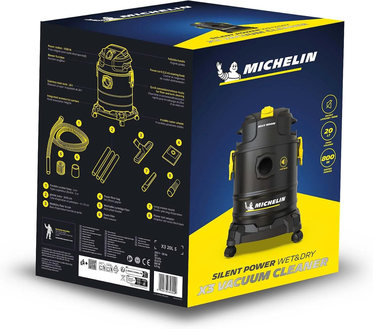 Michelin, Aspirador sólido y líquido X3 20L S, Rango silencioso, Tanque de Acero de 20 L, con Toma eléctrica, 800 W, con Accesorios, función de soplado 18 kPa