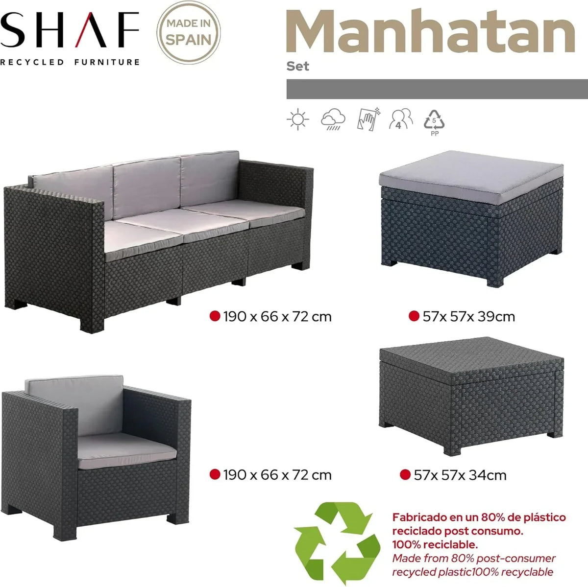 SP Berner - Shaf - Manhattan | Outdoor Living Room Furniture Set - 5 Seater Outdoor Garden Furniture Set | Made in Spain with Recycled Materials - Graphite Colour