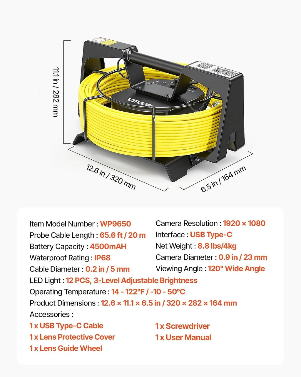 VEVOR Cámara de Inspección de Tuberías 1080P con Cable Semirrígido 20 m, 12 Luces LED de 3 Niveles, Cámara de Inspección Endoscópica, WiFi Inalámbrica, Batería 4500 mAh para Alcantarillado Fontanería