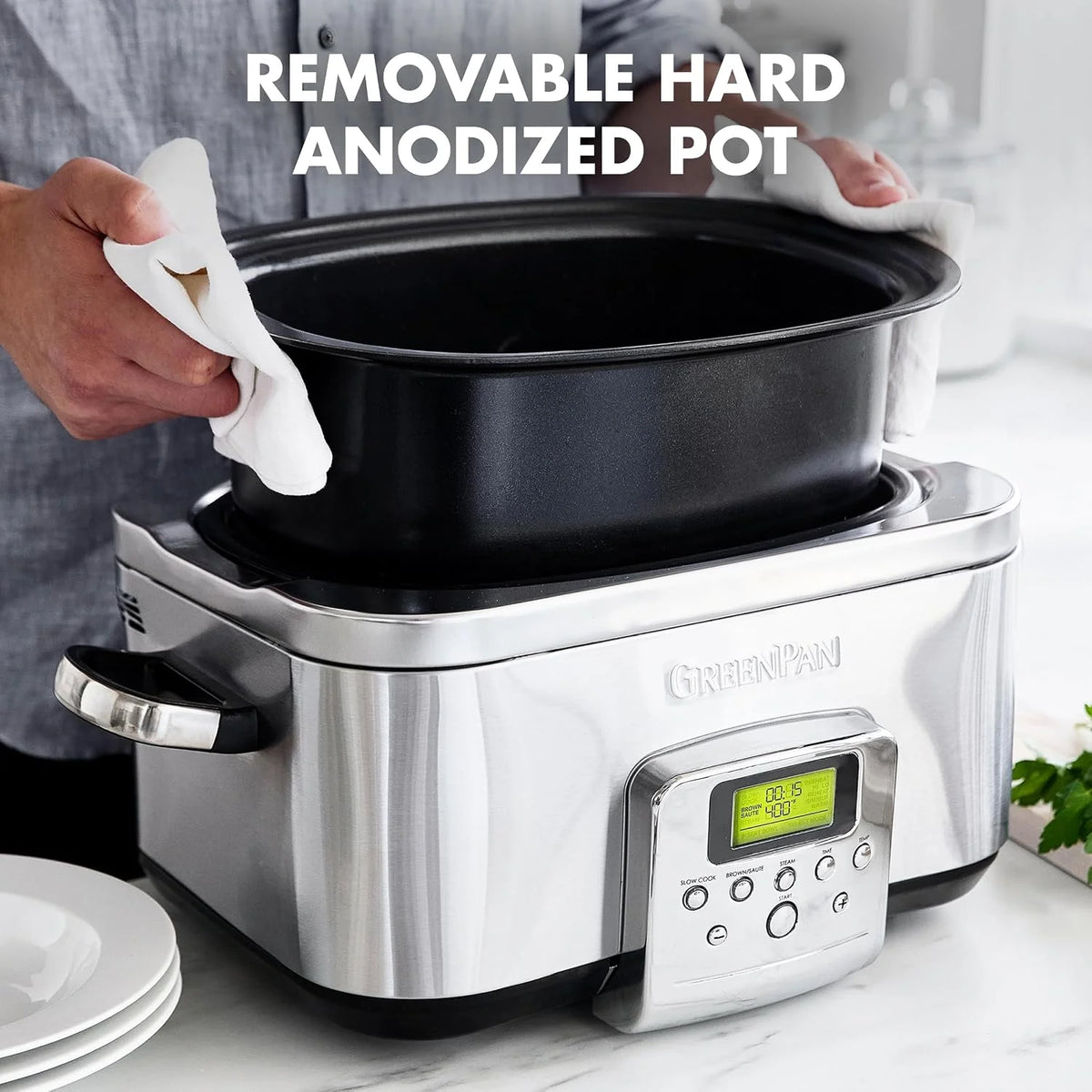 GreenPan Elite 8-in-1 Programmierbarer 6L Slow Cooker Multikocher,Spülmaschinenfester Deckel & Topf,PFAS-freie Gesunde Keramische Antihaftbeschichtung zum Braten,Schmoren,Mit Dampfgareinsatz,Edelstahl