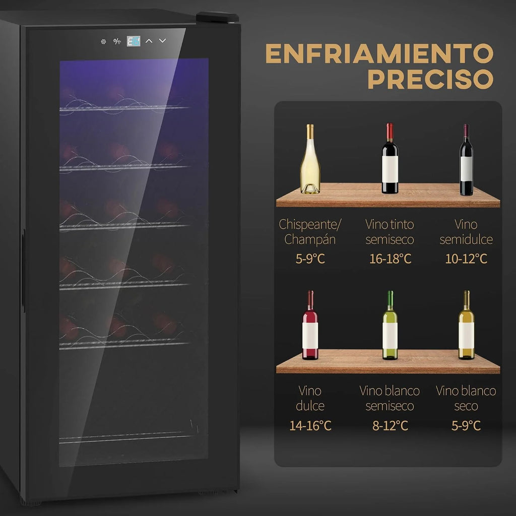 HOMCOM Nevera Vinos 18 Botellas 50L Vinoteca con Luz LED Interior Pantalla LED Táctil Digital Control de Temperatura Puerta de Vidrio Anti-UV y 5 Estantes de Metal Negro
