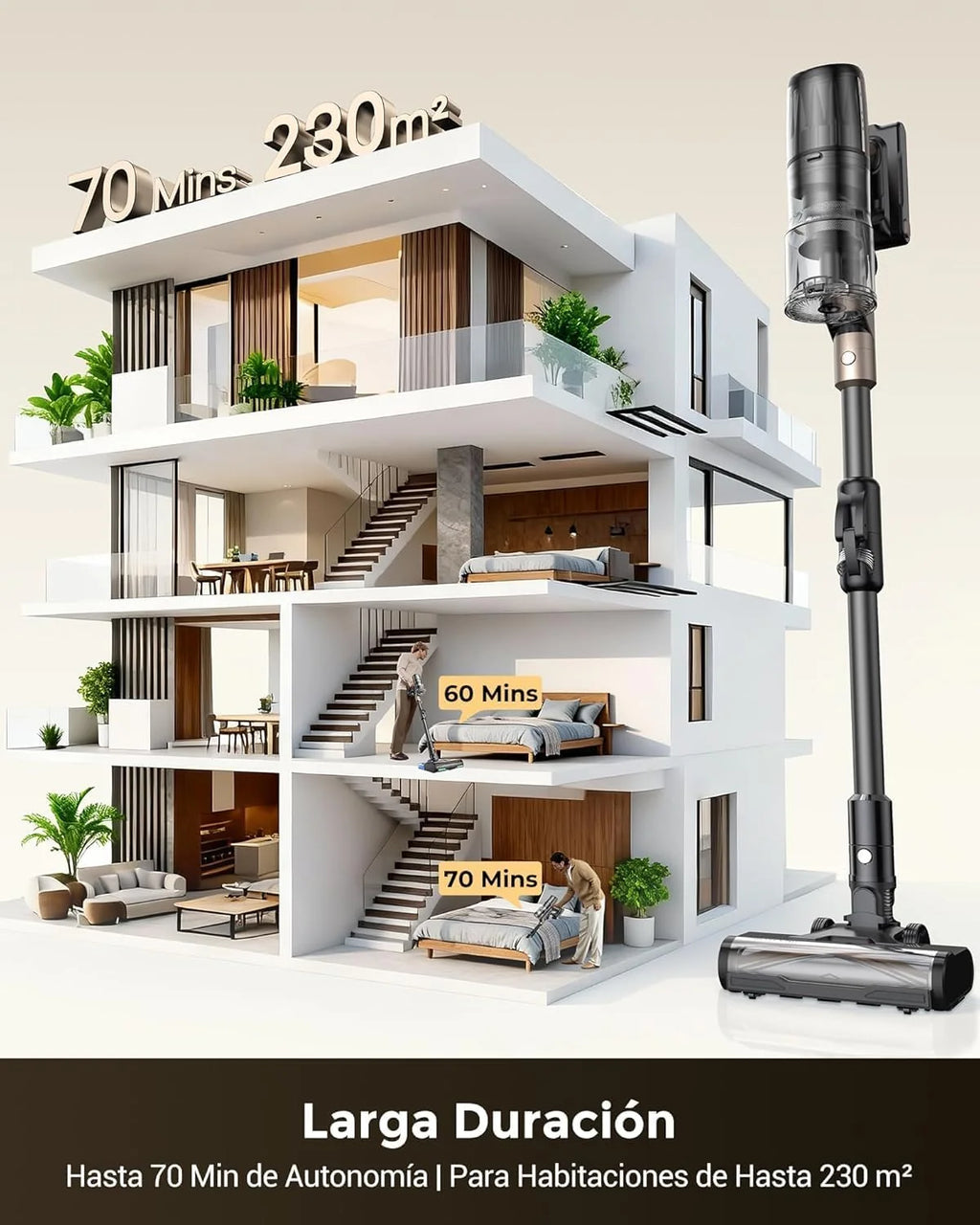 Proscenic P20+ Aspiradora fregadora sin Cable 70Mins/70kPa/680W, Autoportante y Plegable, con Cepillo Anti-Enredo y Depósito de Agua, Escoba Aspiradora sin Cable para Pelo de Mascotas/Suelos/Alfombras