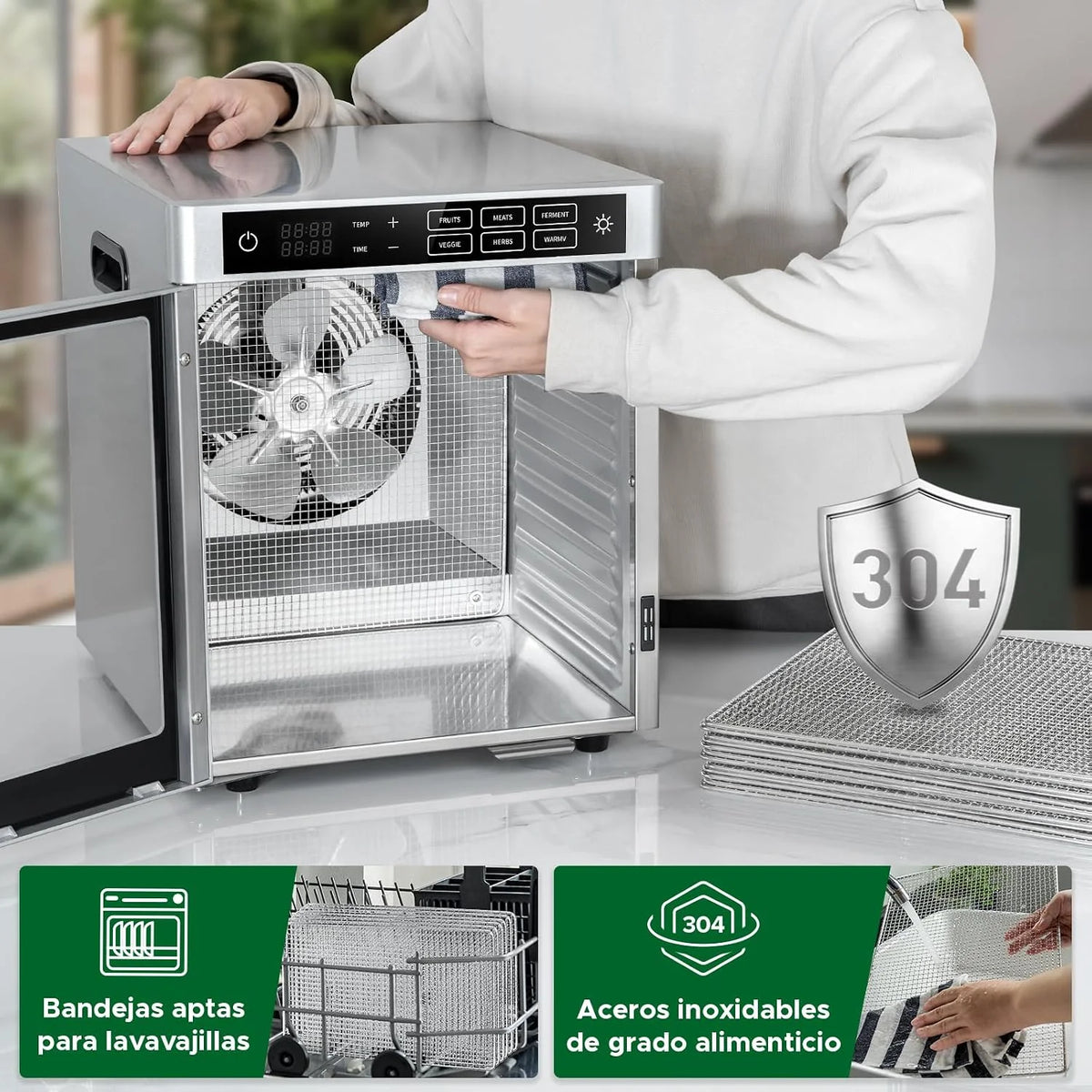 Kwasyo Deshidratador de Alimentos Acero Inoxidable 12 Bandejas, 6 Funciones Preestablecidas, Deshidratador de 800W, 6 Tapetes de Silicona, 2 Tarros, 2 Bandejas para Rollos de Frutas, Receta Incluida