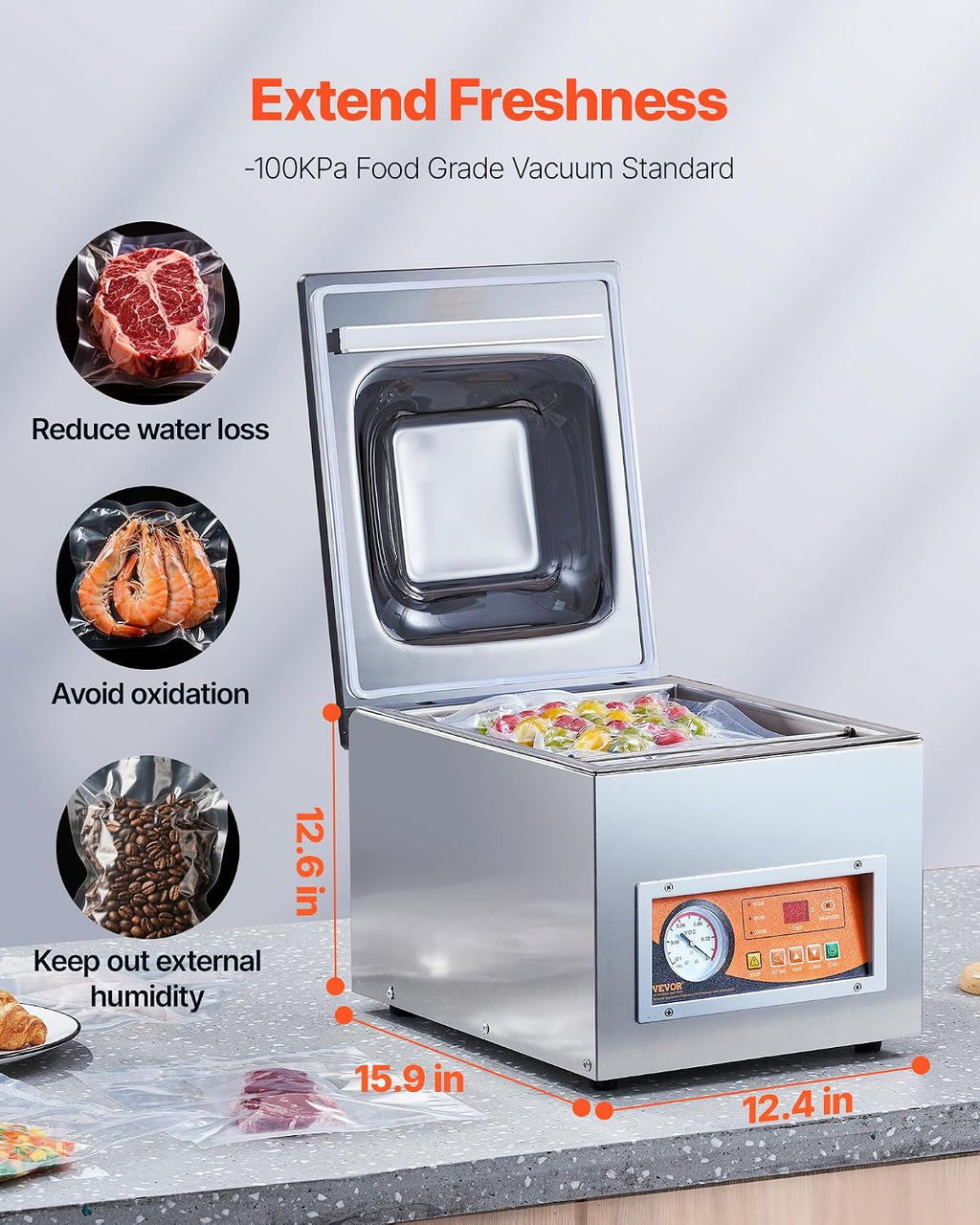 VEVOR Sellador al Vacío de Cámara 260 W Máquina de Envasado al Vacío de Acero inoxidable Tamaño Compacto de 260 mm para Cocina del Hogar Para Uso Comercial Para Alimentos Húmedos, Carnes y Adobos