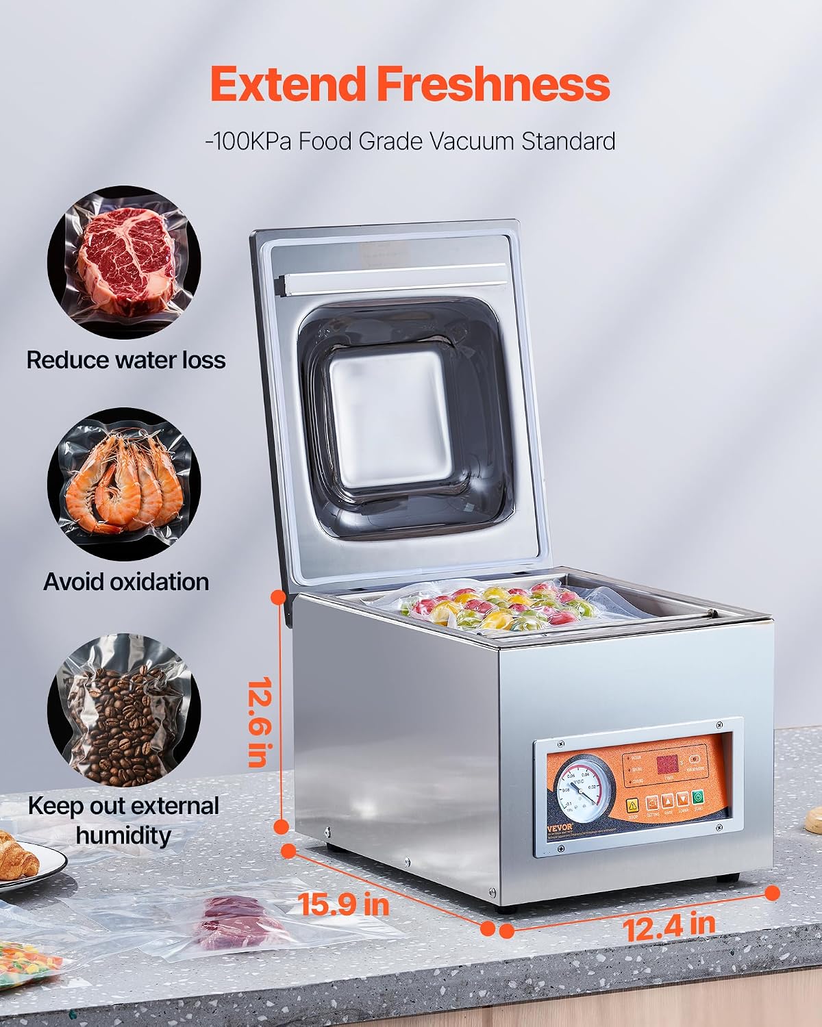 VEVOR Sellador al Vacío de Cámara 260 W Máquina de Envasado al Vacío de Acero inoxidable Tamaño Compacto de 260 mm para Cocina del Hogar Para Uso Comercial Para Alimentos Húmedos, Carnes y Adobos