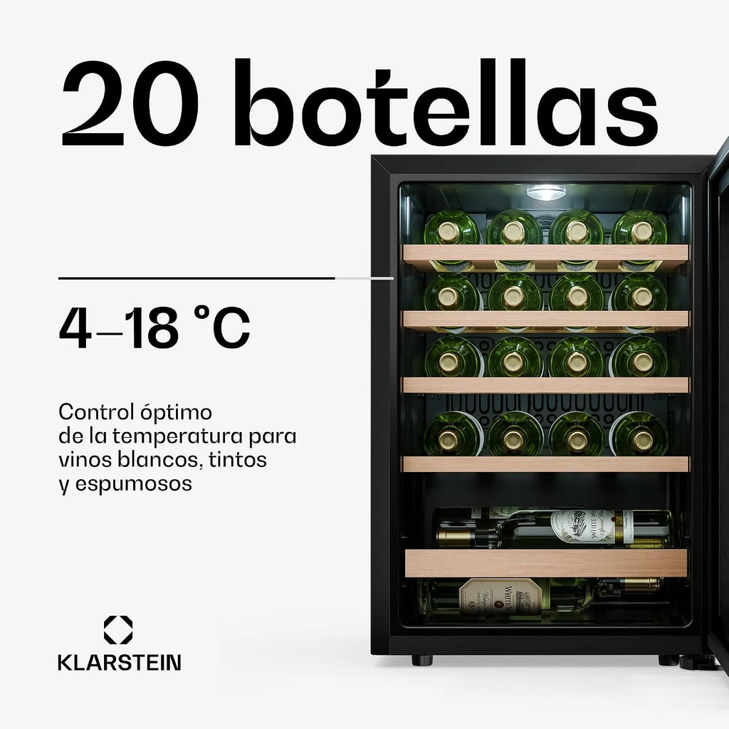 KLARSTEIN Bevora Frigorífico 20 botellas – Enfriador de vino independiente, controles táctiles 4-18 °C, puerta de cristal UV, luz LED, estantes de madera