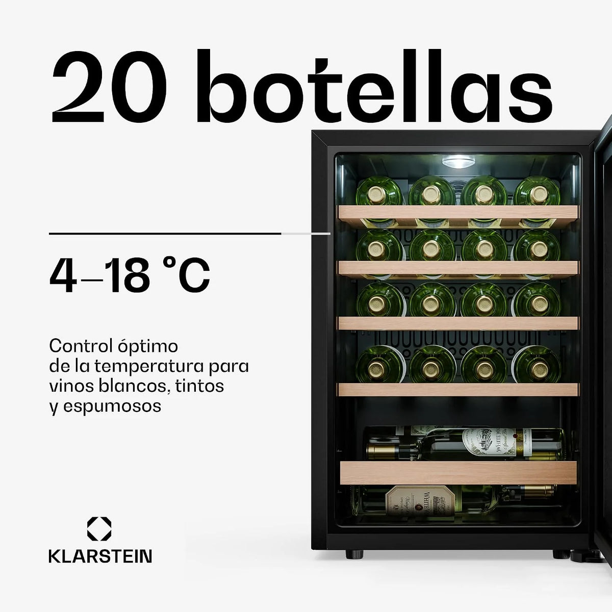 KLARSTEIN Bevora Frigorífico 20 botellas – Enfriador de vino independiente, controles táctiles 4-18 °C, puerta de cristal UV, luz LED, estantes de madera