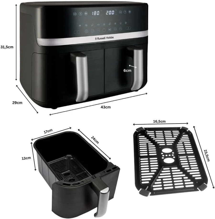 Russell Hobbs freidora de aire, freidora sin aceite, doble cesta 9 l, Air Fryer, ruido reducido, 9 programas, Rapid Air, máx. 200 °C, táctil, cestos aptos para lavavajillas, 2800 W, Satisfry 27681-56