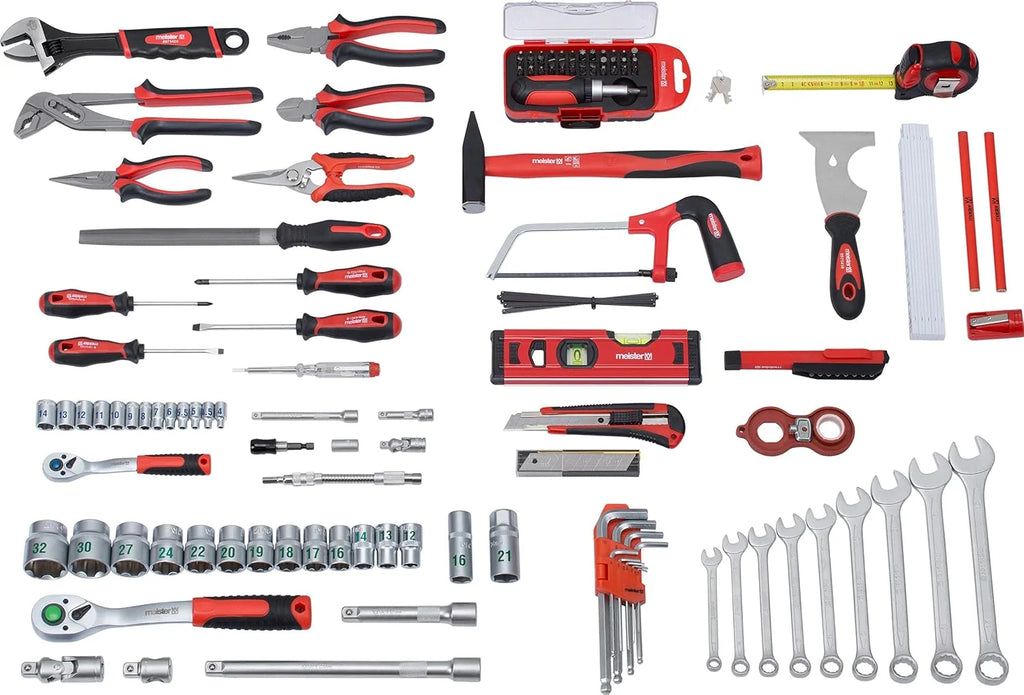 Meister 8971470 - Maletín de herramientas de aluminio (131 piezas, para el hogar, garaje y taller, relleno profesional, caja de herramientas, caja de herramientas, incluye herramientas)