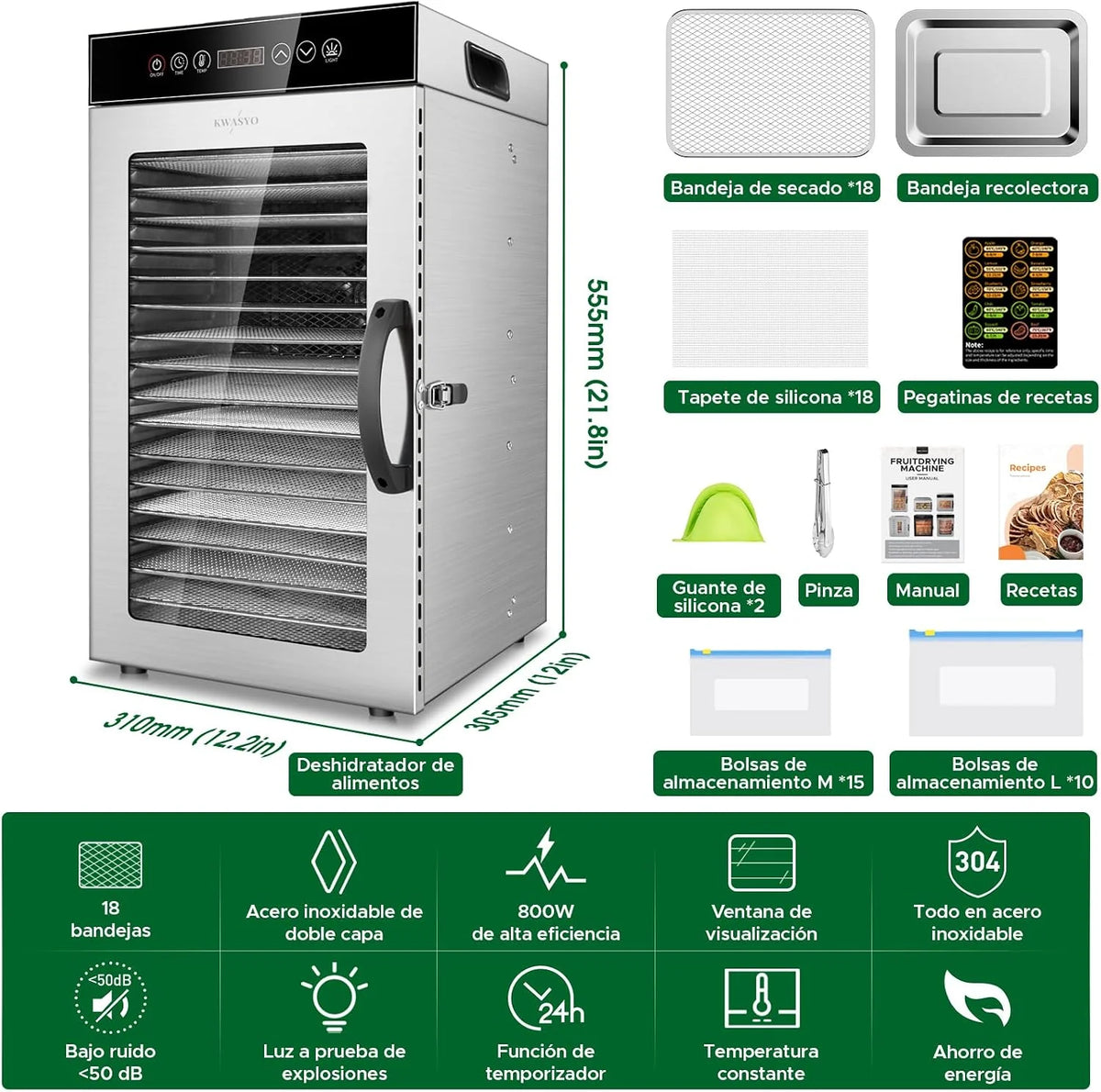 Kwasyo Deshidratador de Alimentos Comercial 18 Bandejas, 800W Deshidratador de Acero Inoxidable con Circulación de Aire 360°, Gran Capacidad para Carne, Frutas, Verduras, Hierbas