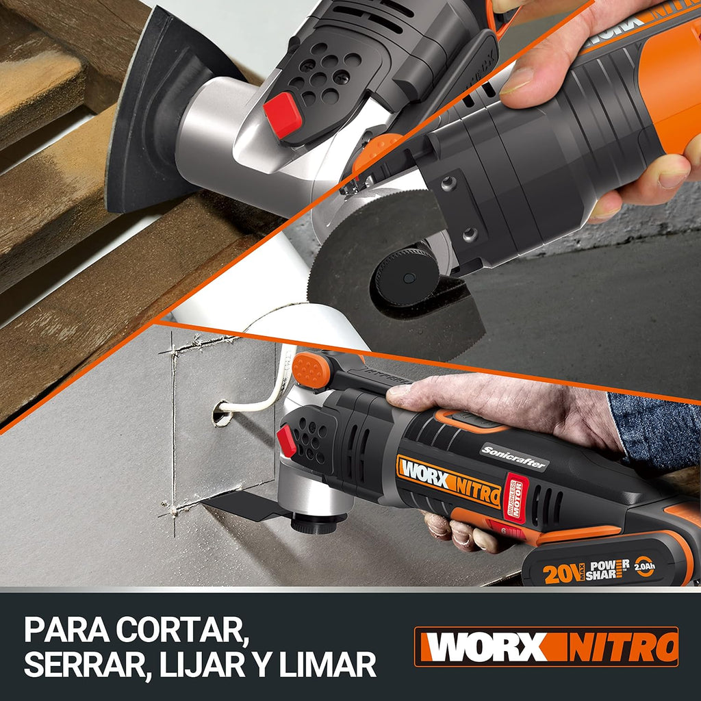 WORX Multiherramienta Brushless Sonicrafter 20V | PowerShare |WX693.9 - Sin batería, ni cargador | Motor sin escobillas, velocidad variable, sistema Hyperlock