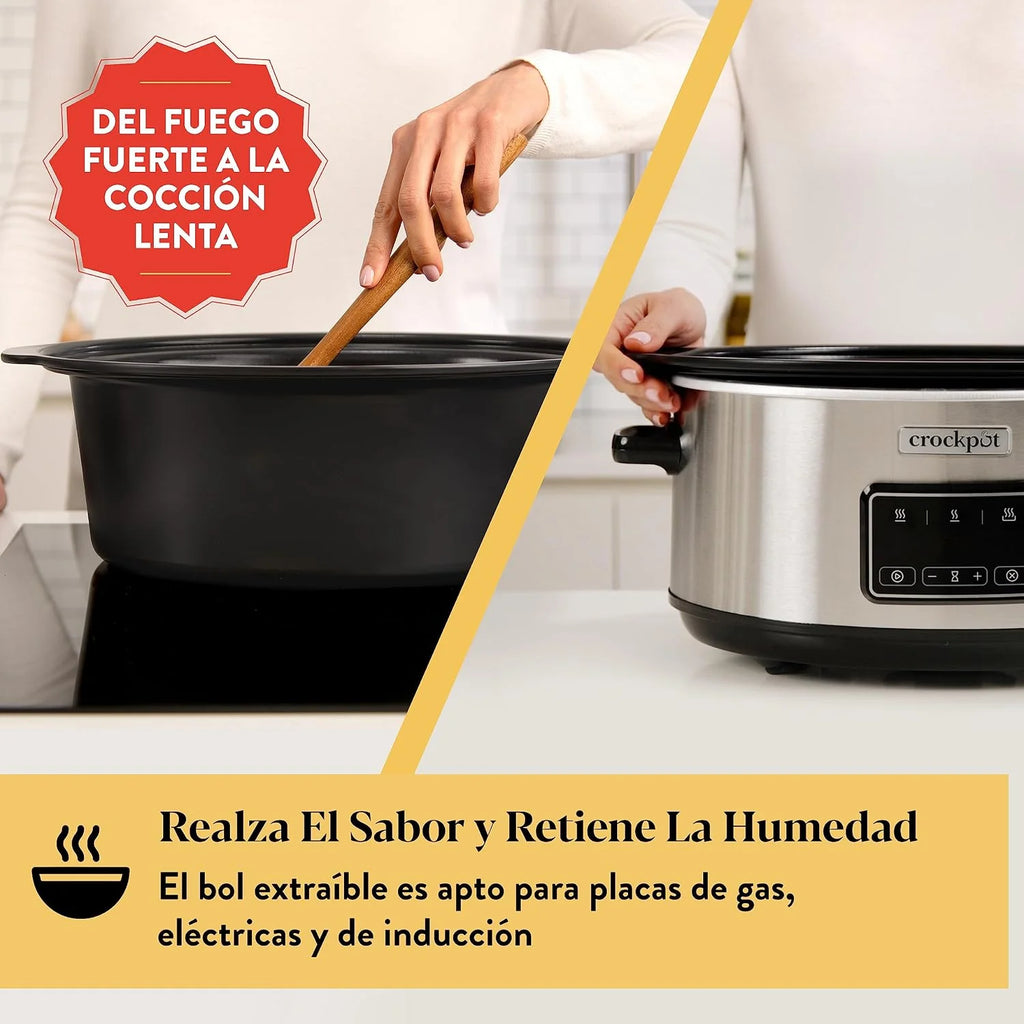 Crock-Pot Olla digital de cocción lenta Sizzle & Stew | 6.5 L (8+ Personas) | Bol extraíble apto para placas de inducción | Carne y verduras | Enchufe EU 2 Pin | Acero inoxidable [CSC112X]