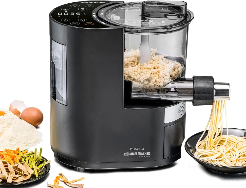 ROMMELSBACHER Máquina de pasta eléctrica PM 220 – hasta 800 g, báscula integrada, suministro de agua controlado, 6 programas totalmente automáticos, tornillo prensado de acero inoxidable, 7 moldes