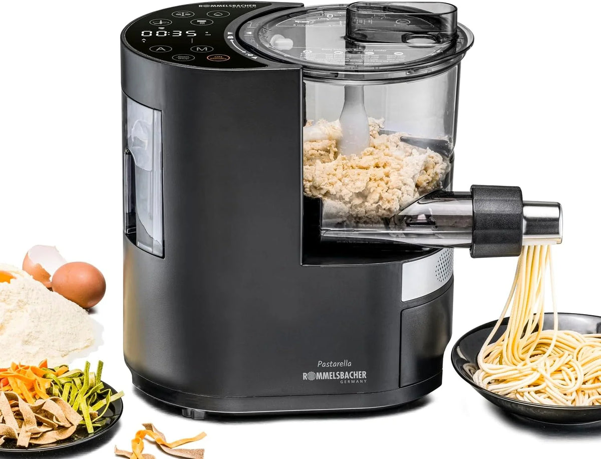 ROMMELSBACHER Máquina de pasta eléctrica PM 220 – hasta 800 g, báscula integrada, suministro de agua controlado, 6 programas totalmente automáticos, tornillo prensado de acero inoxidable, 7 moldes