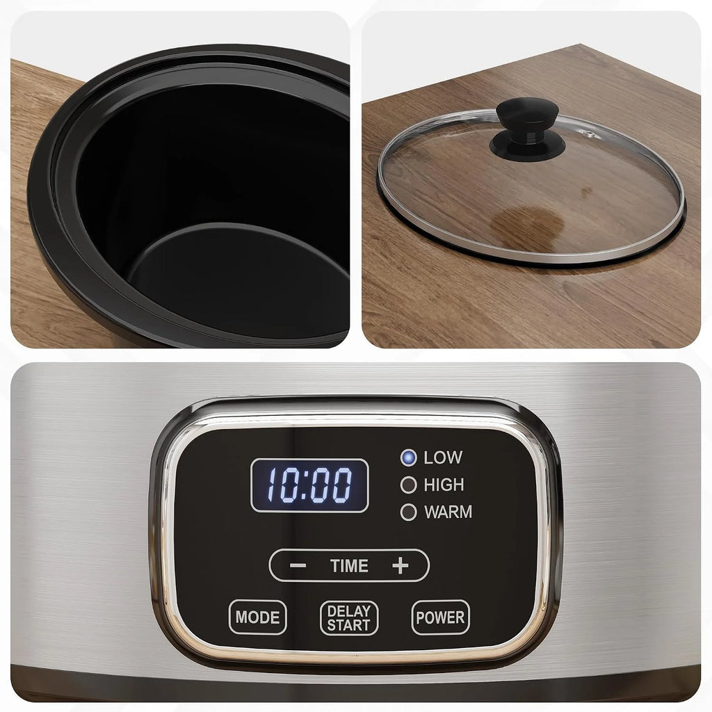 Olla de cocción lenta programable de 4 cuartos de galón, con tapa de bloqueo, calentador de alimentos con 3 modos de calentamiento y temporizador, olla de cerámica extraíble y tapa de vidrio, acero