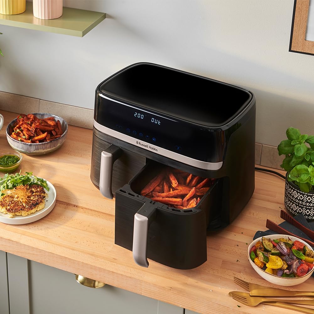 Russell Hobbs freidora de aire, freidora sin aceite, doble cesta 9 l, Air Fryer, ruido reducido, 9 programas, Rapid Air, máx. 200 °C, táctil, cestos aptos para lavavajillas, 2800 W, Satisfry 27681-56