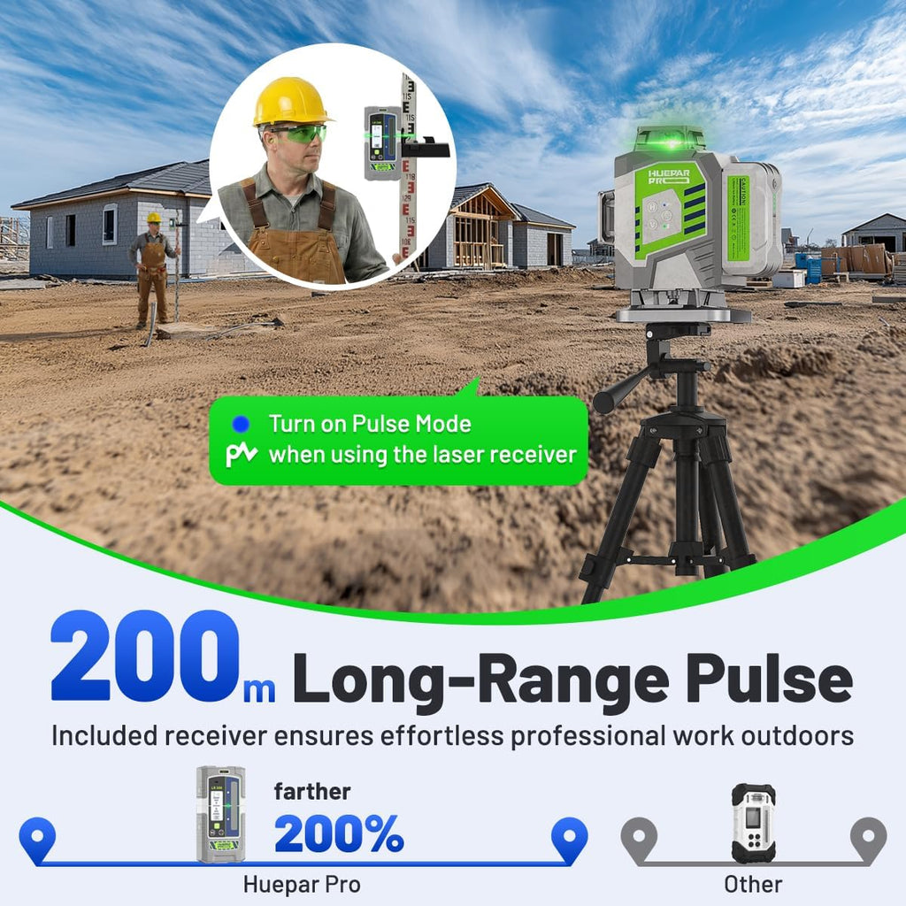 Huepar Pro Outdoor Nivel Láser con Receptor, 4 * 360° Autonivelante Verde