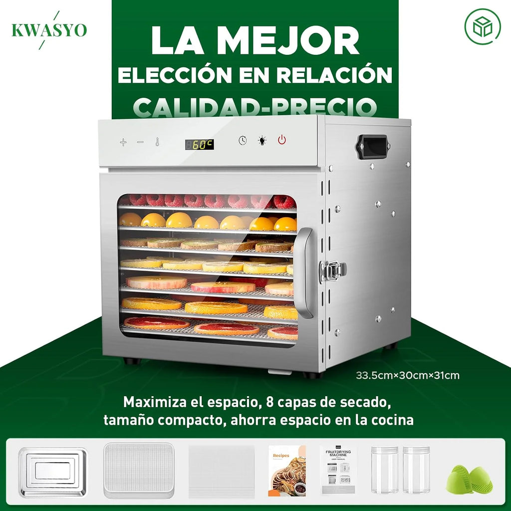 Kwasyo 8 Bandejas Deshidratador de Alimentos, Recetas Temperatura Ajustable 30-90℃, Acero Inoxidable Completo, Temporizador de 24 horas, Deshidratadora de Frutas, BPA Free