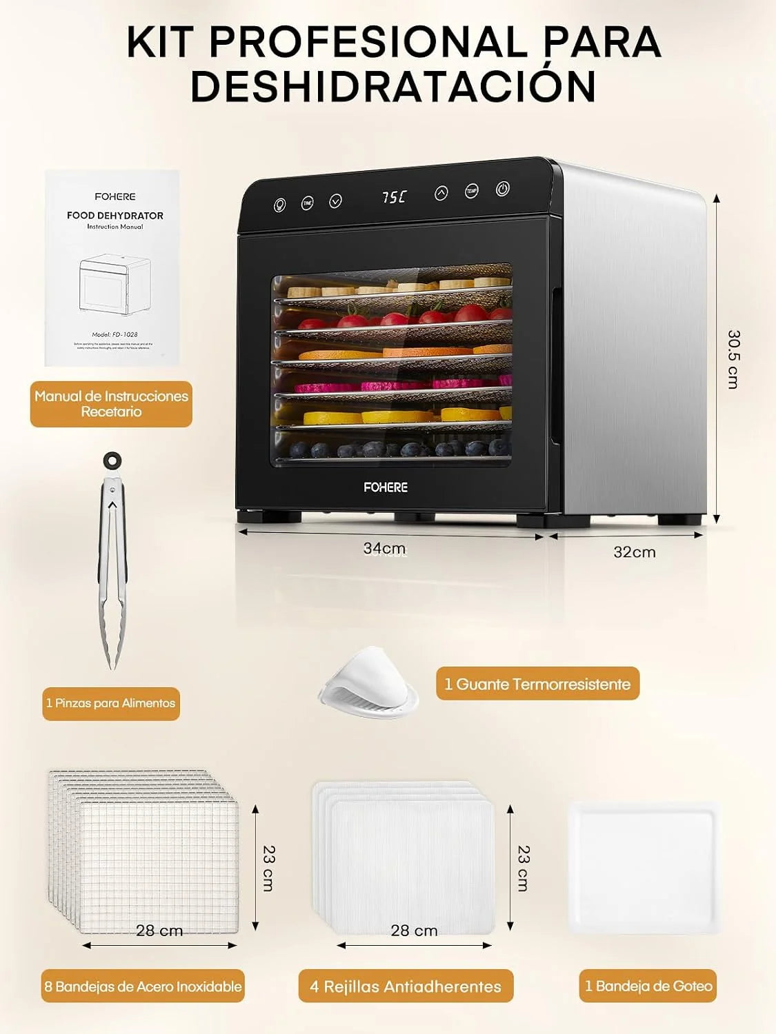FOHERE Deshidratador de Alimentos Profesional 8 Bandejas Acero Inox., Silencioso