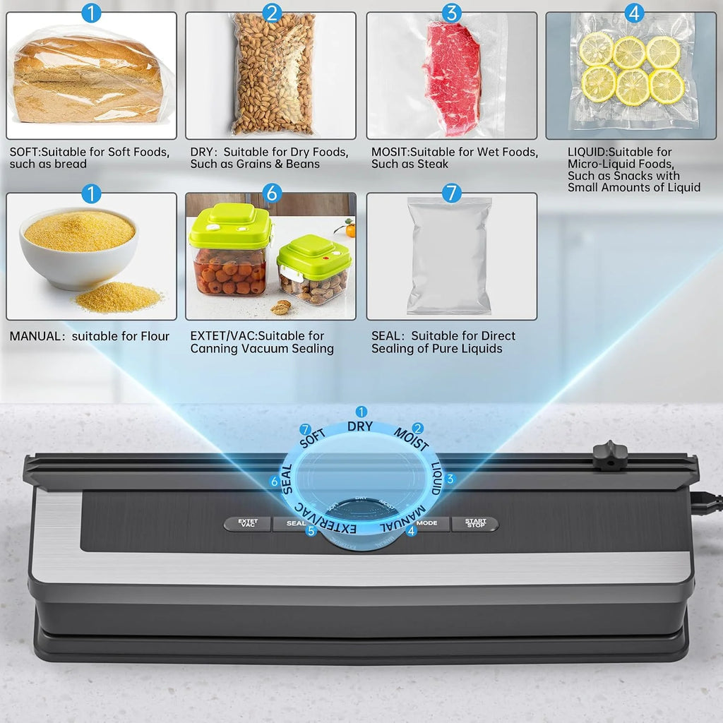 Sellador al Vacío 5 en 1 85KPA, Envasadora al Vacío Profesional con Cortador Integrado, Pantalla Digital Cuenta Atrás, Incluye 5 Bolsas, para Cocina Hogar Restaurante, Compatible con Sous Vide