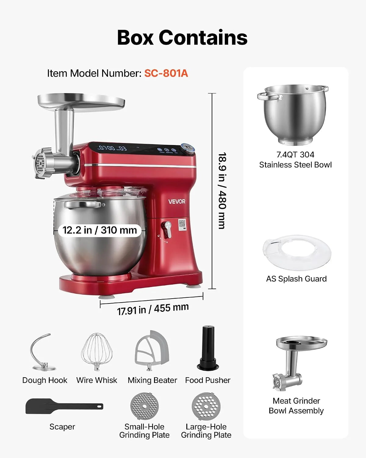 VEVOR Batidora Amasadora 1000 W, Bol de 7 L, con Picadora de Carne, Rojo