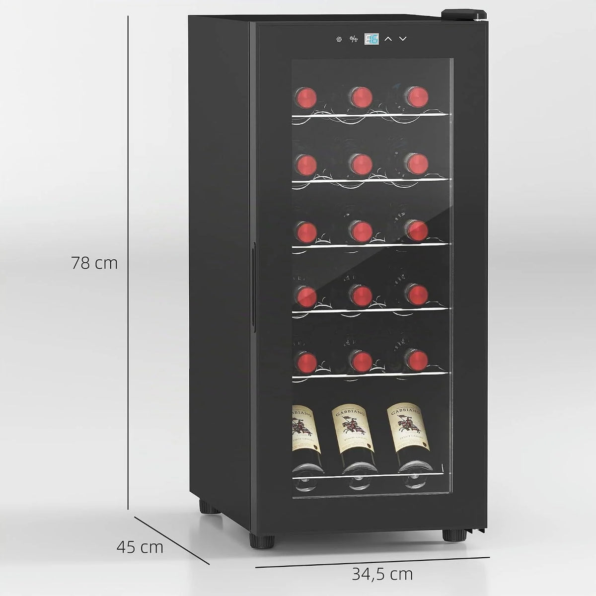 HOMCOM Nevera Vinos 18 Botellas 50L Vinoteca con Luz LED Interior Pantalla LED Táctil Digital Control de Temperatura Puerta de Vidrio Anti-UV y 5 Estantes de Metal Negro